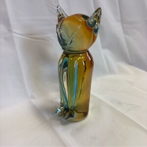 Murano Artisan Glass Cat Figurine - Amber and Blue